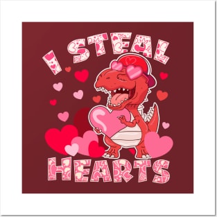 Boys Valentines Day  Dinosaur T rex Lover I Steal Hearts Posters and Art